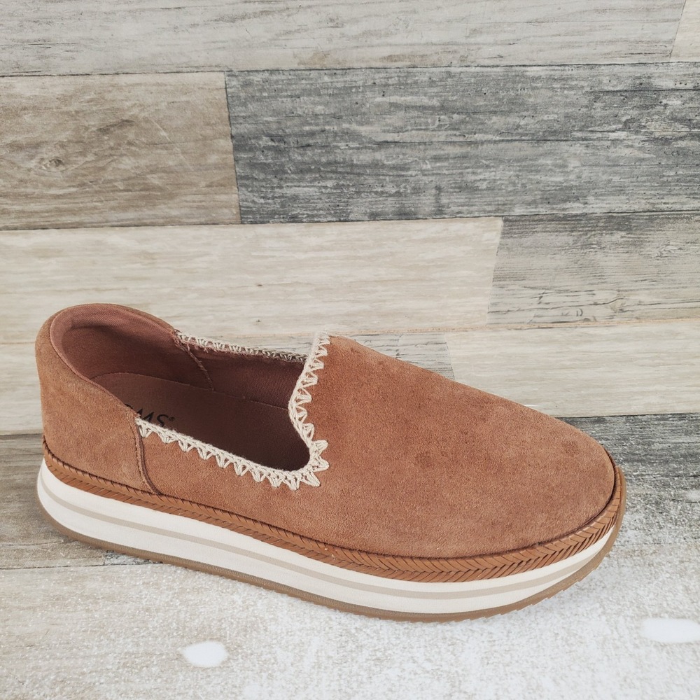 TOMS Jocelyn Womens Espadrille Shoes Sz 8 Brown Suede Platform Slip On Sneakers